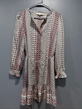LOFT Boho Print Long Sleeve Tie Waist Mini Dress Women’s Small Multicolor